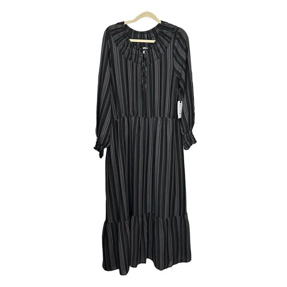Terra & Sky Peasant Maxi Dress Black Ikat Stripe Tiered Long Sleeve Plus Size 1X - Picture 4 of 10